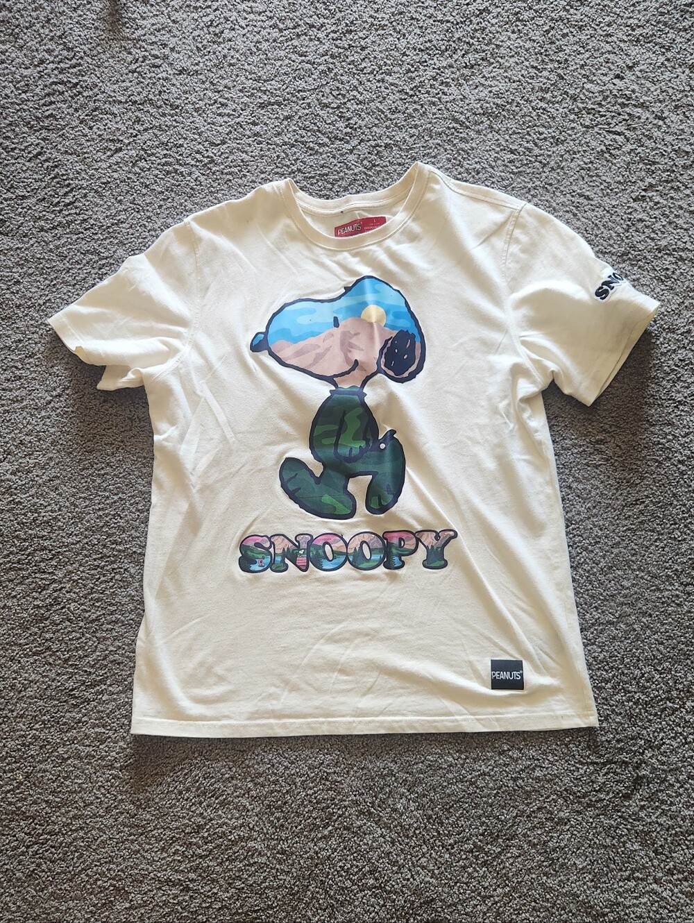 Peanuts Snoopy Tee - White with Blue, Green, Pink Print